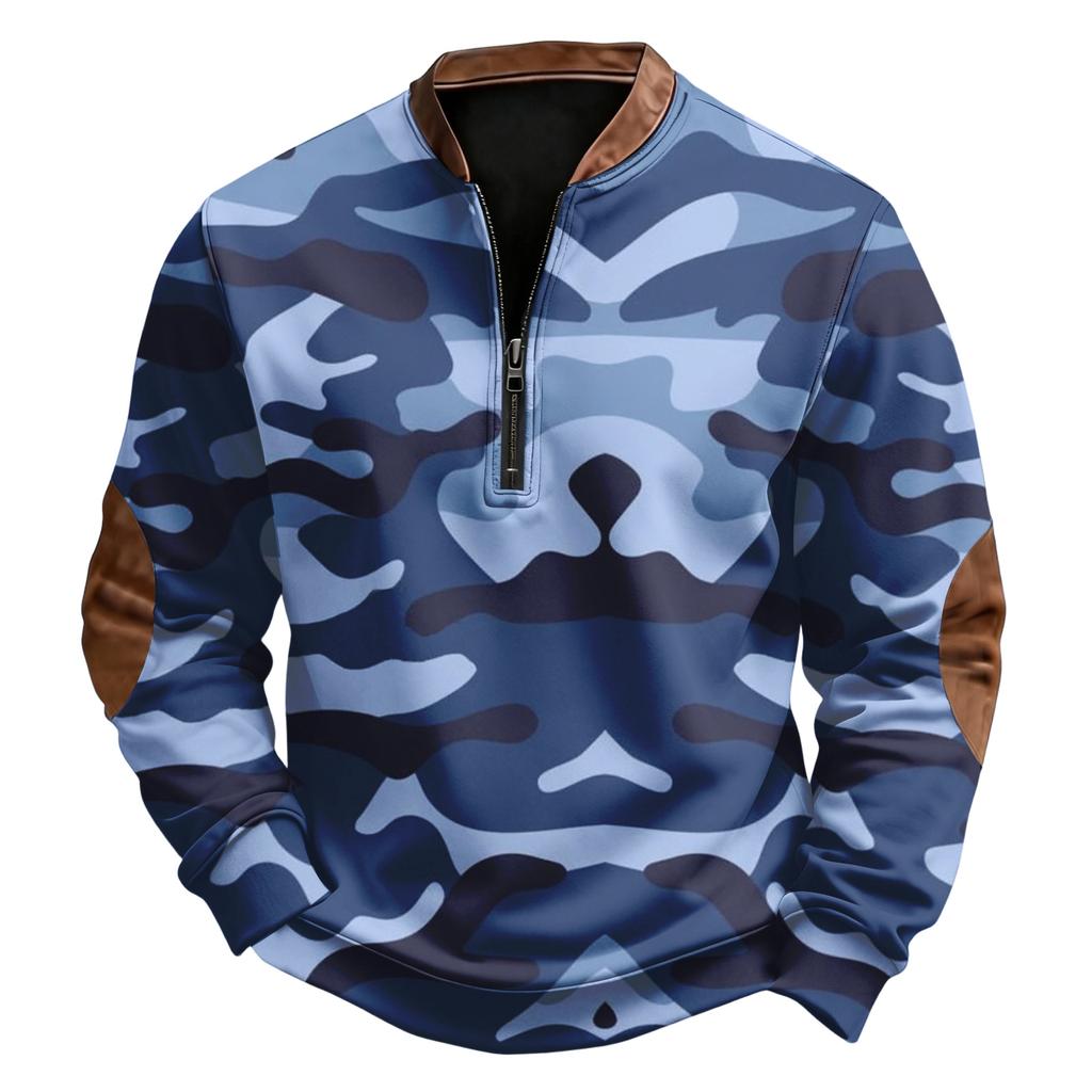 Men's Casual, Trendy, Retro American Camouflage Printed Round-neck Long-sleeved Half-pull One-piece Sweatshirt