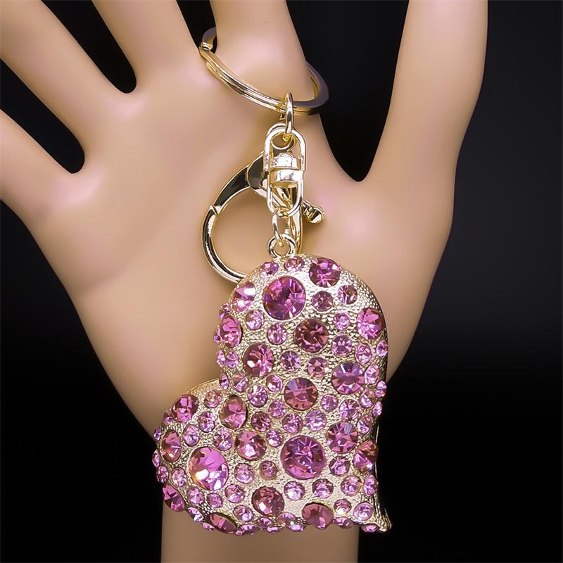 Pink Crystal Sparkling Heart Key Chain for Women Exquisite Sweet Alloy Rhinestone Keyring Car Bag Accessories Jewelry K9233S05