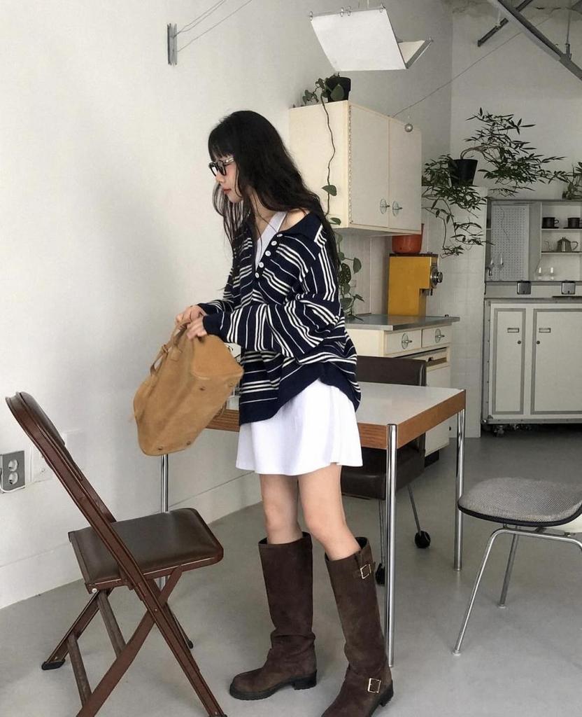 Korean Chic Striped Polo Collar Sweater - Loose Knitwear