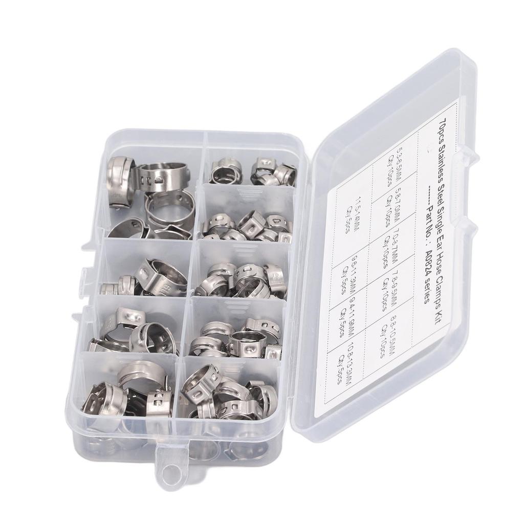 70Pcs Single Ear Hose Clamp Kit Stainless Steel Stepless 9 Specifications Hose Clamp Assortment Kit
