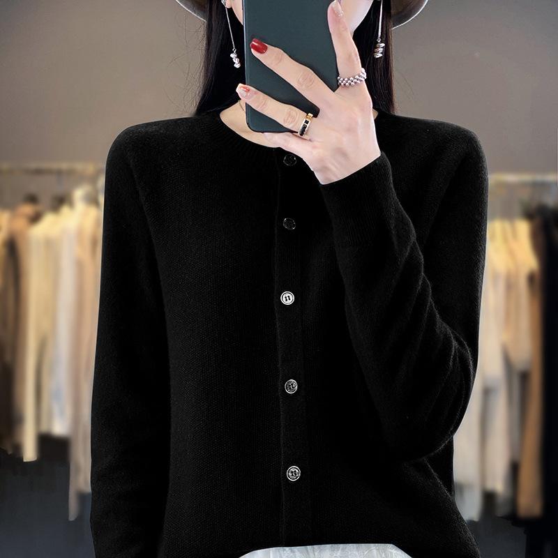 

Новый осенне-зимний кардиган с круглым вырезом для женщин, топ с длинным рукавом, базовый слой, верхняя одежда, модный и универсальный вязаный свитер XXL чёрный
