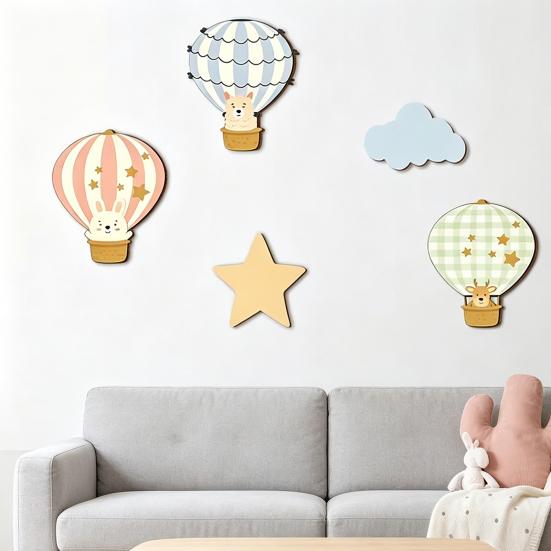 5 Pcs Star Cloud Hot Air Balloon Nursery Decor Boho Wooden Wall Hanging Sign for Bedroom Classroom Playroom Baby Shower Decoration
