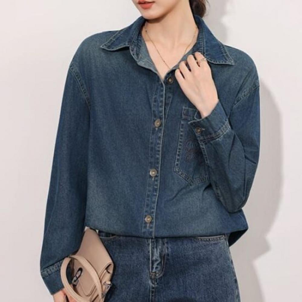 Navava Women Vintage Casual Denim Long Sleeve Shirt Nb2997
