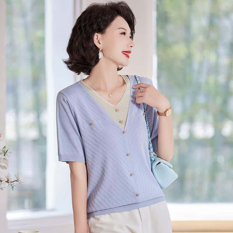 Pasite Women's Faux Two-Piece Knit Short Sleeve T-Shirt