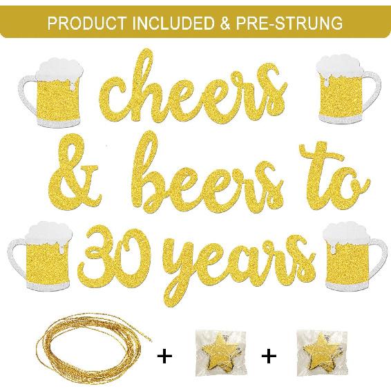 Cheers & Beers to 30 Years Gold Glitter Banner - 30th Birthday Decorations for Him/Her - 30th Birthday Gifts - 30 Years Anniversary Decorations -