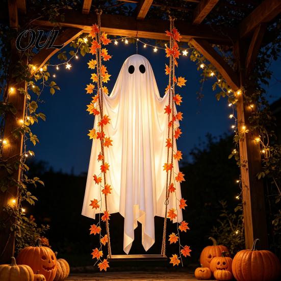 Innen Außen Urlaubsdekoration Halloween Hängende Schaukel Geist, Leuchtender Schwingender Geist mit Ahornblatt Einfache Installation Rankenlichter Und Fernbedienung