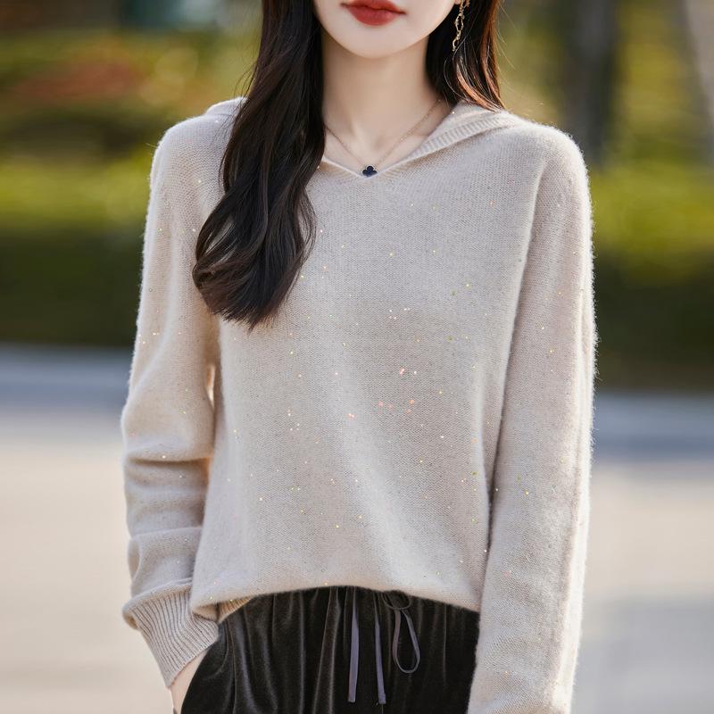 Women's Pure Wool Sequin Knit Hooded Sweatshirt: Autumn/Winter Seven-Stitch Loose Hoodie
