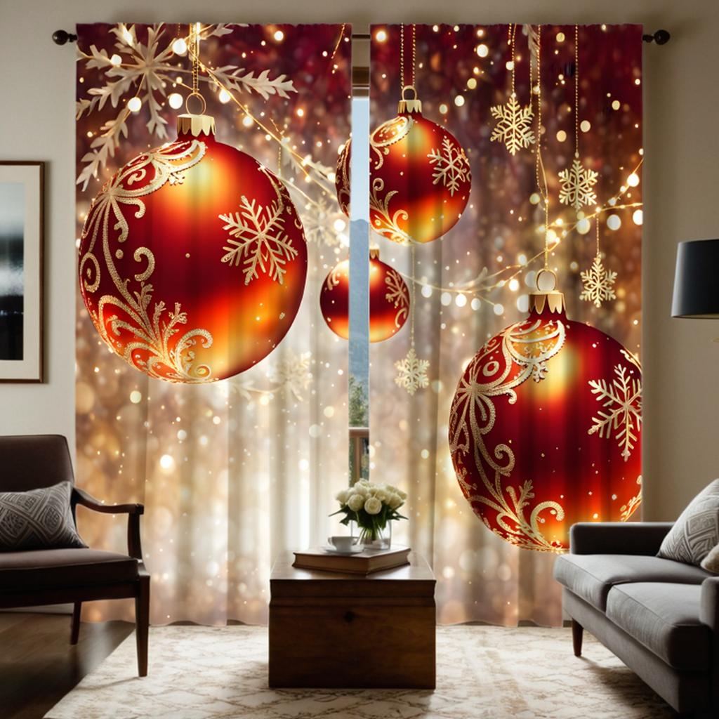2pcs HD Christmas Snowflake Red Drop Ball Solid Decorative Curtain Yellow Tie Digital Printed Curtain Home Decoration Style D