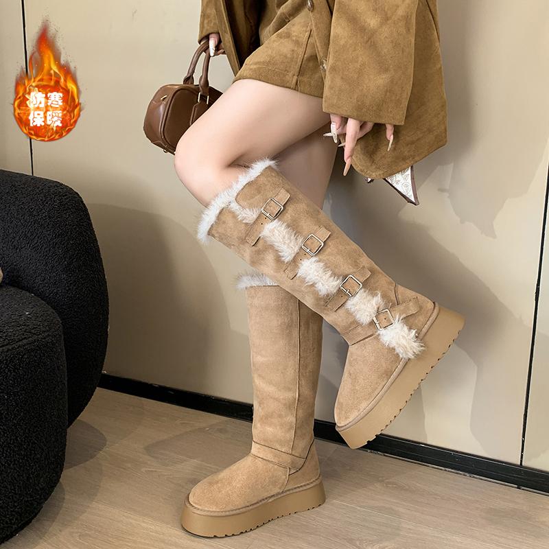 Metal Buckle Platform Snow Boots Winter New Round Head Bull Suede Platform Tall Shoes