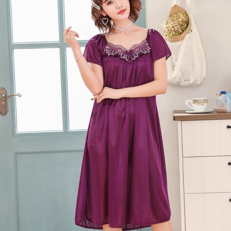 Women's Ice Silk Nightgown Sleepwear Round Neck Nightie Short Sleeves Nightshirt Summer Sleepwear Nightdress Sleep Dress