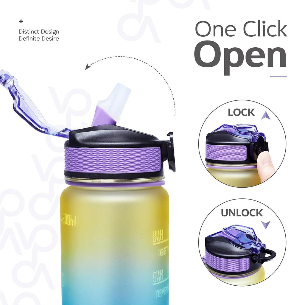 32oz Motivational Fitness Sports Water Bottle With Time & Straw, Large Wide Mouth Leakproof