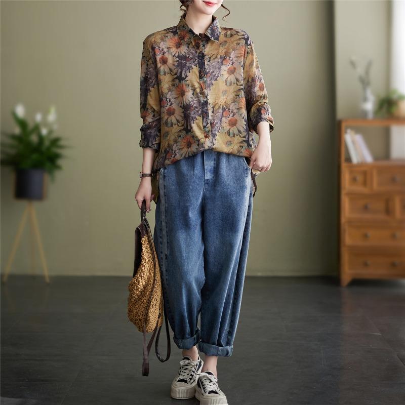 Women Casual Loose Long Sleeve Printed Fashion Shirt Slimming Daily Base Top