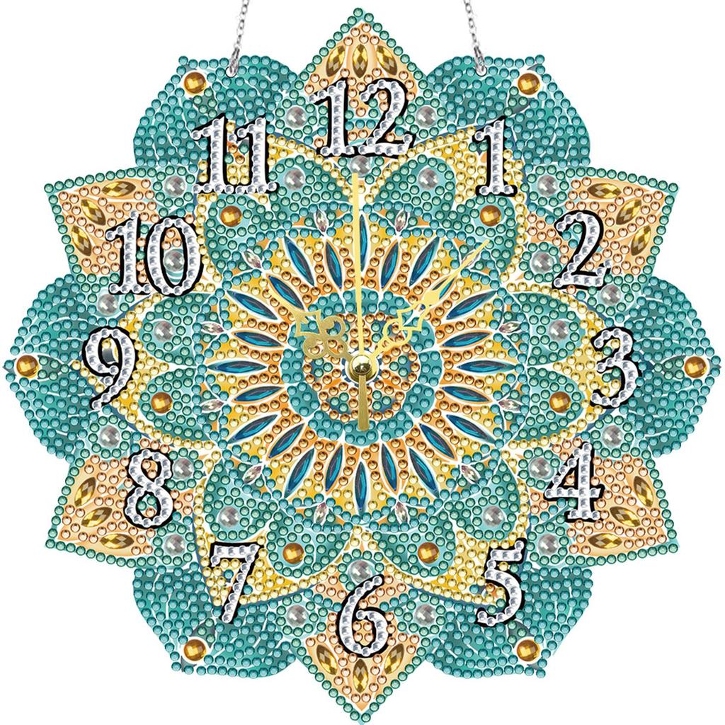 2D Flat DIY Mandala Wooden Diamond Painting Ornament with Clock Function 5D Hanging Clock Art Craft for Living Room Decoration