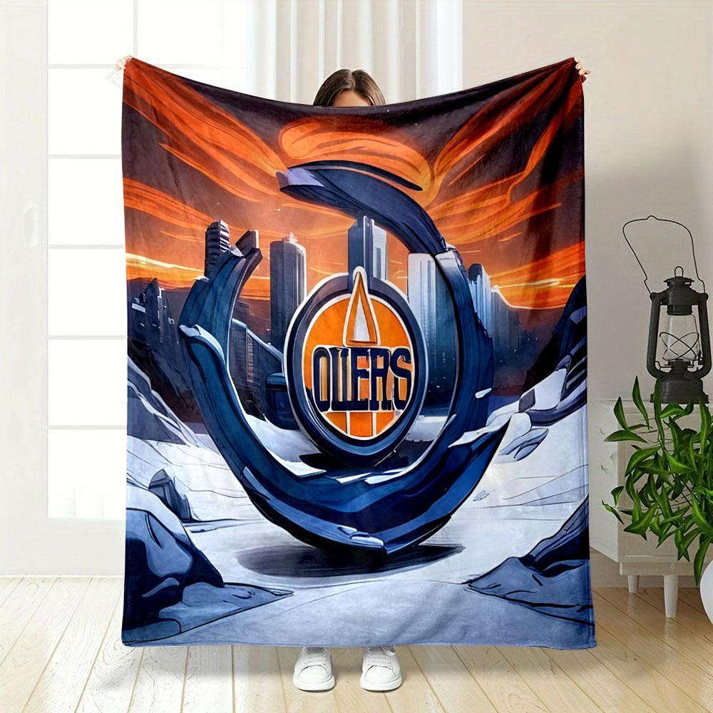 "Edmonton Oilers Logo and Skyline Design" Patterned blanket, flannel, suitable for all seasons, home decor, warm and cozy