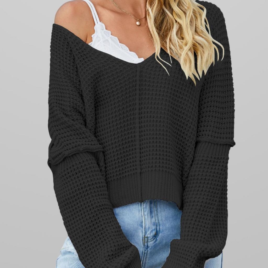 QICED Autumn Winter Women's V-neck Solid Color Loose Knitwear