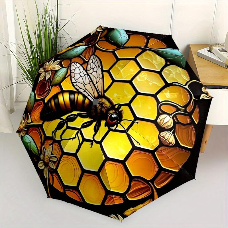 1pc Bee Honeycomb Automatic Open/close Umbrella, 8-Rib Sturdy Structure, Portable Travel Umbrella, Parties, Everyday Use, Outdoor Accessory,