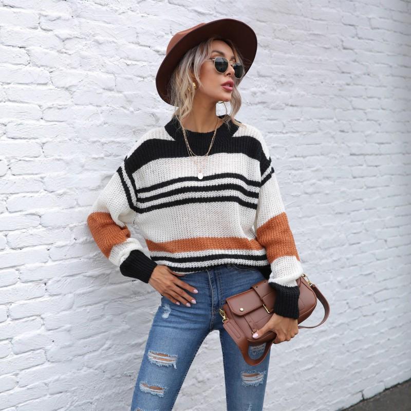 Striped Pullover Sweater Long Sleeve Round Neck Loose Fit Casual Women Fall 2025