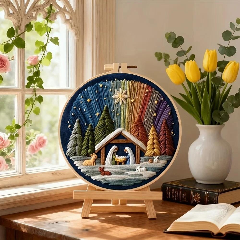 DIY Material Nativity Embroidery Set Pre-printed Pattern on Cloth with EN Instructions, Thread Christmas Embroidery Kit