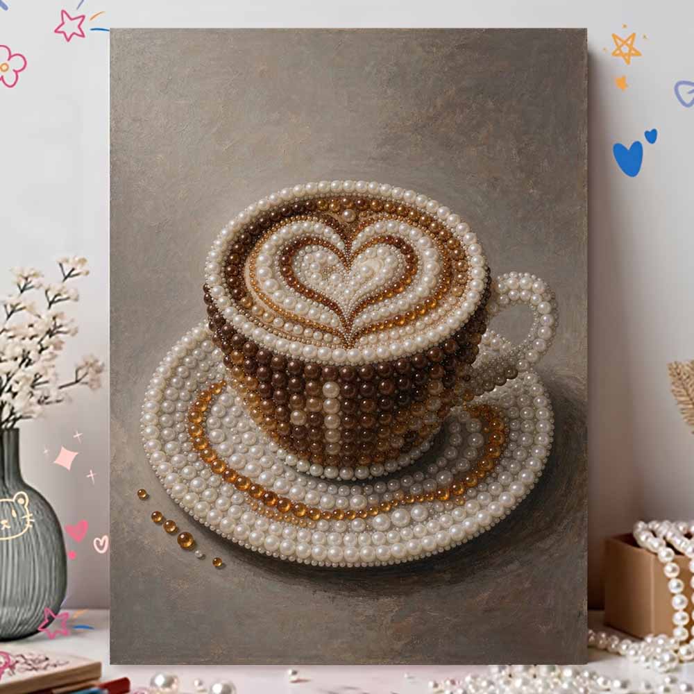 Creative Pearl Art on Stretched Frame Coffee Cup Heart Pattern DIY Sparkling Bead Canvas Relaxing Handmade Craft Gift for Kids