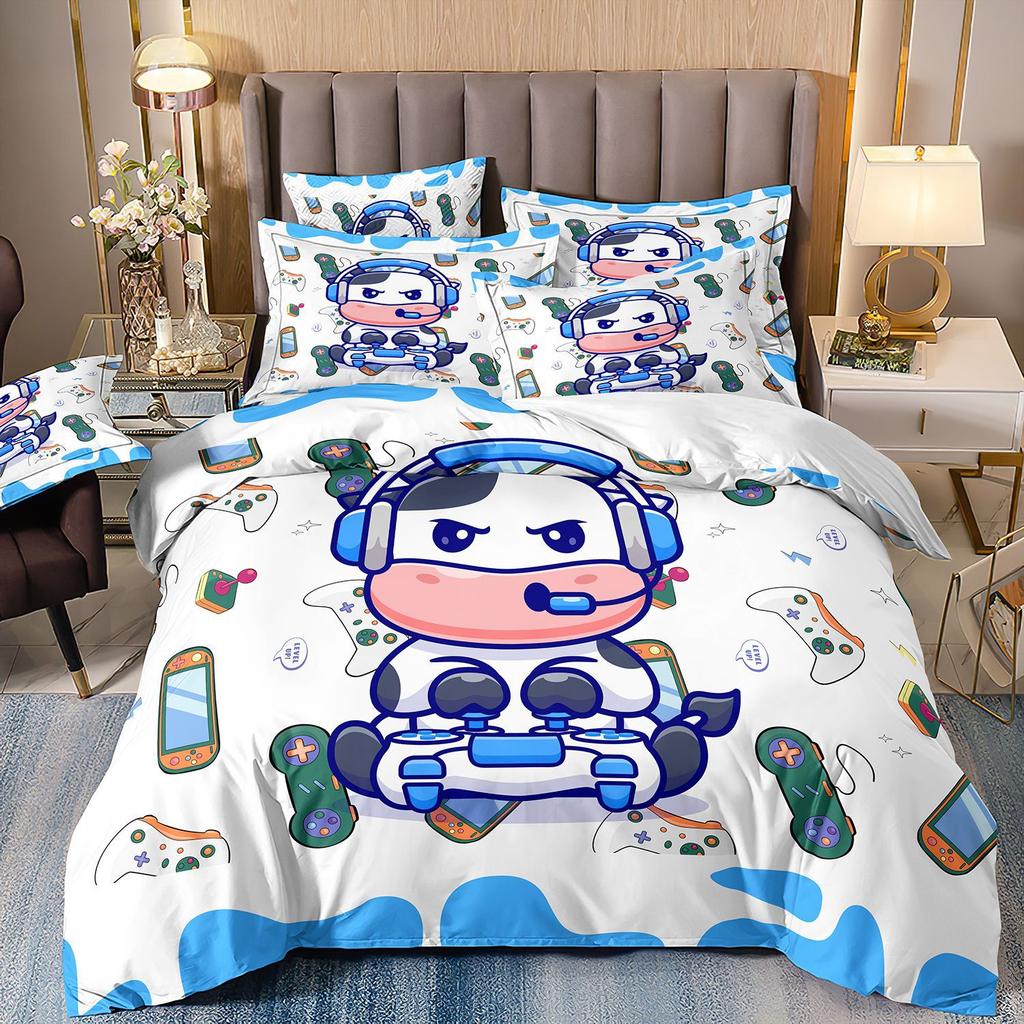 Cartoon Animation Bedding 3D Digital Printing Animal Plaid Unicorn Quilt Cover Three-Piece Set