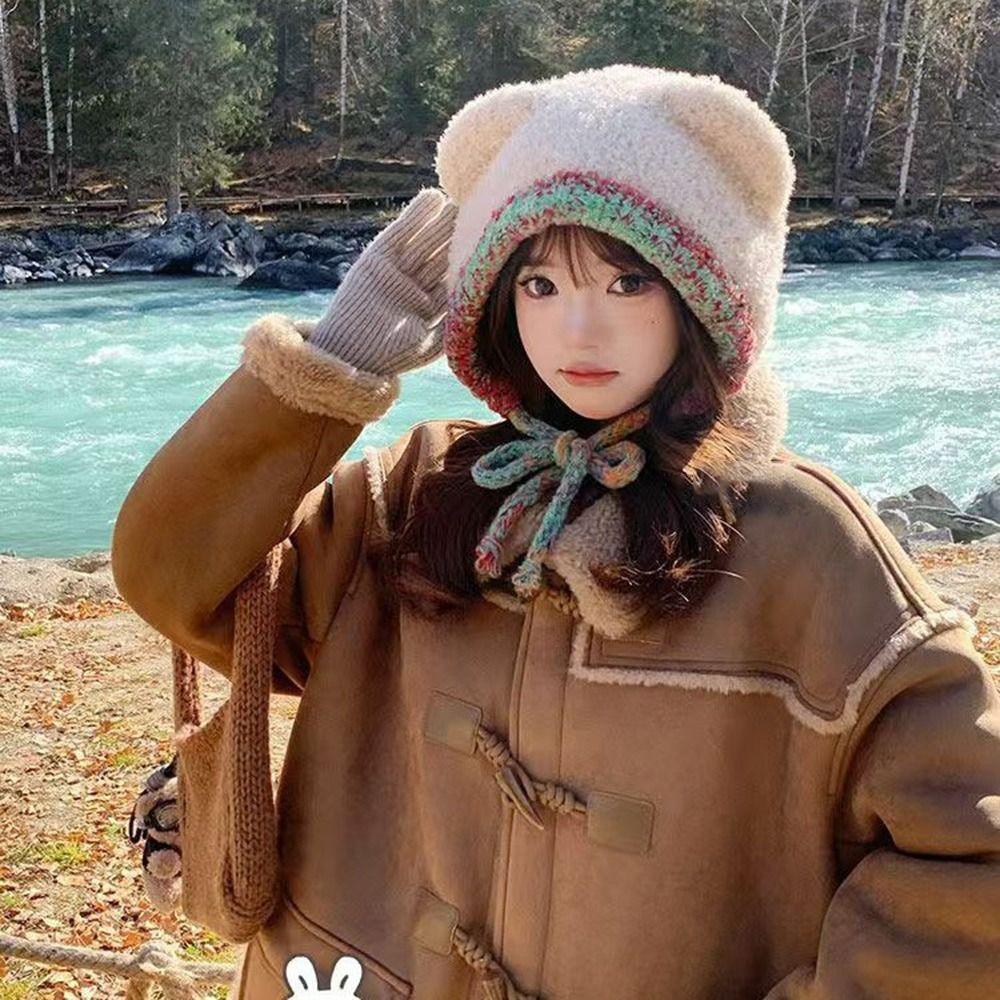 Fashion Bear Ear Knitted Woolen Hat Thickened Keep Warm Ear Protection Cap Windproof Winter Bomber Cap for Women