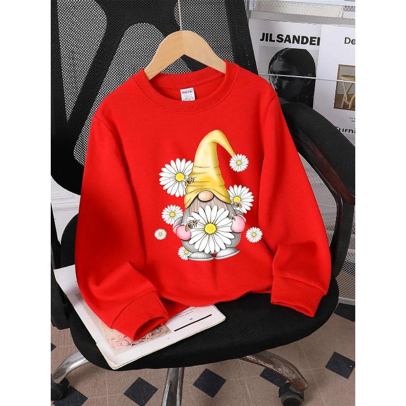 European Sizes Kids' Round-neck Hoodie - Gnome Daisy Bee Hat Garden Spring , Sportswear And Casual Wear, Soft And Comfortable