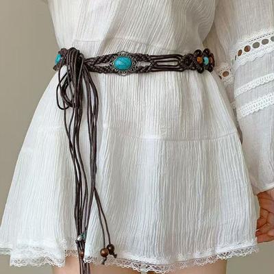 Ethnic-Style Niche-Design Braided Women’s Belt Fashionable Versatile and Vacation-Inspired Acrylic Turquoise Women’s Belt