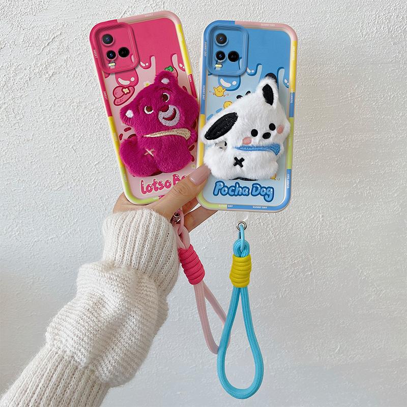 KEYSION Cute 3D Cartoon Plush Case for VIVO Y21 Y21S Y33S Y33T with Lanyard Soft Silicone Shockproof Phone Cover for VIVO T1X