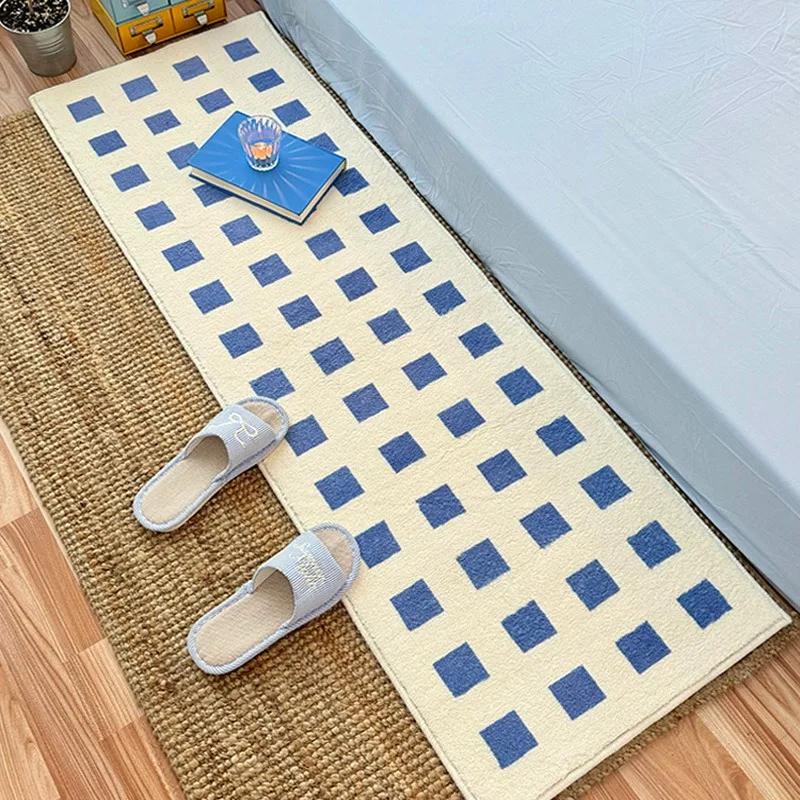 Bedroom Carpet Bedside Long Floor Mat Blue Plaid Carpets Soft Fluffy Foot Mats Minimalist Home Decoration Rug for Living Room