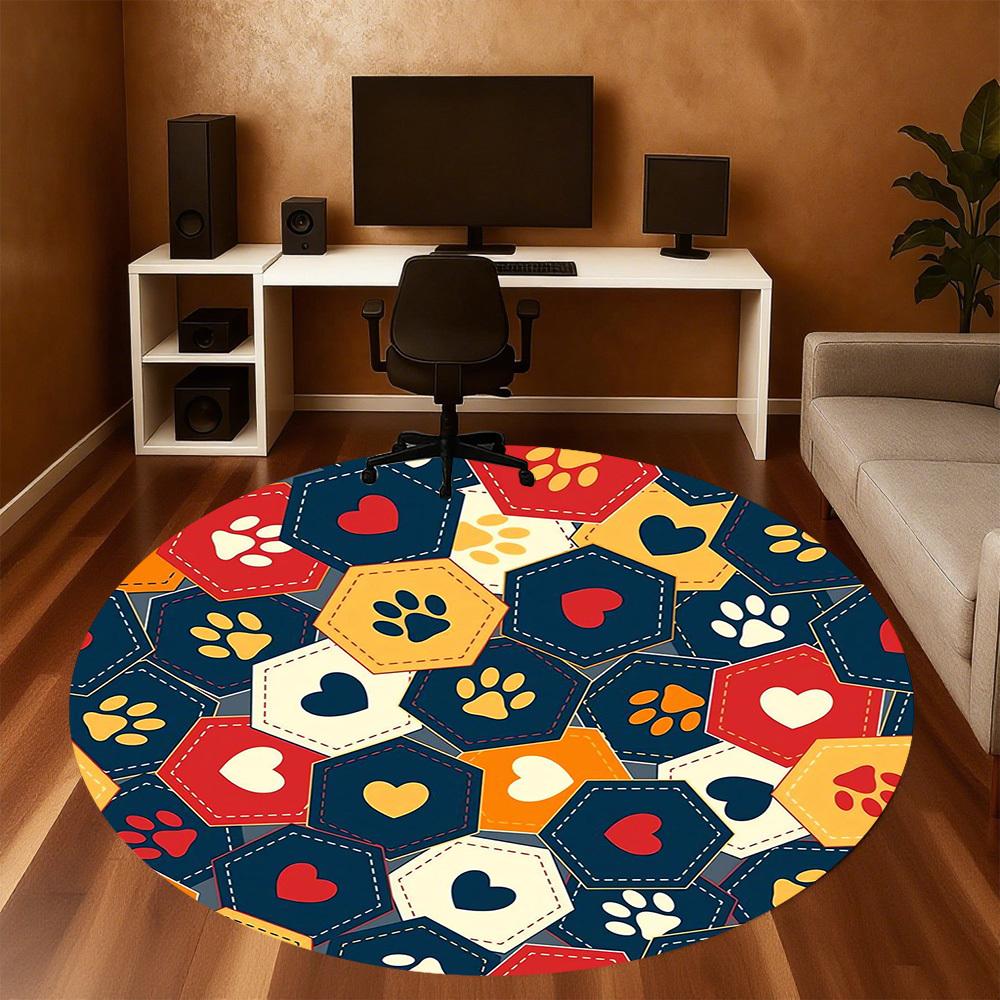 1pc Paw Print Heart Round Chair Mat Area Rug - Non-Slip, Floor Mat for Office, Bedroom, and Indoor Decor -1002217