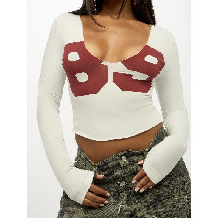 2026 Spring New Women s Fashion Sexy Hot Girl Letter Print U-Neck Slim Fit Cropped Long Sleeve T-Shirt S