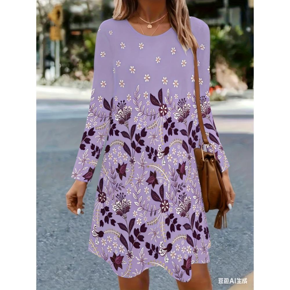 3D Retro Floral Dress, Women's Long-sleeved Round-neck Casual Mini Skirt
