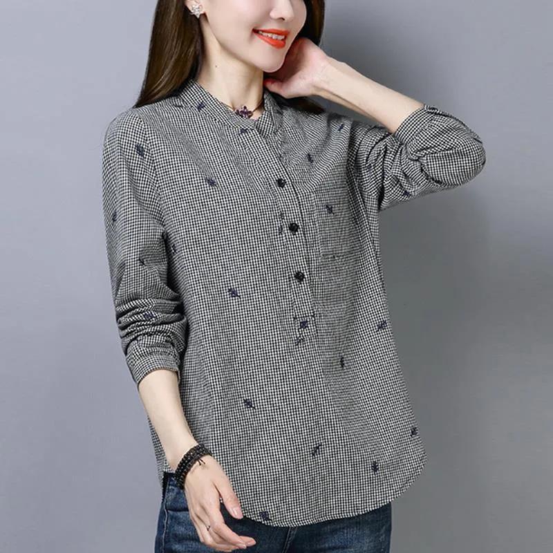 Women's Spring Loose Casual Plaid Shirt Long Sleeve Standing Collar Commuter Tops