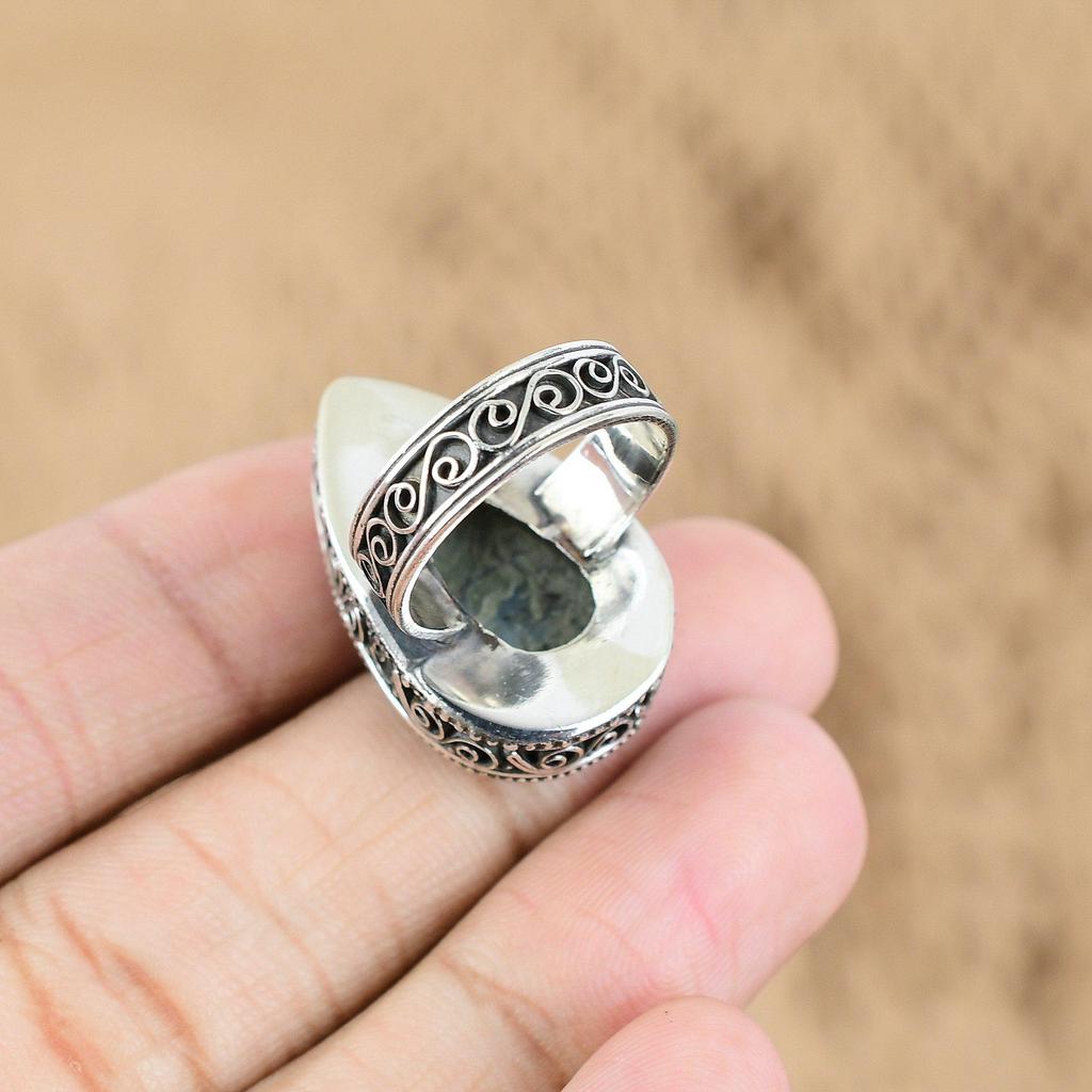 Birthday Gift For Her Natural Larimar Promise Vintage Ring Size 7.75 925 Silver
