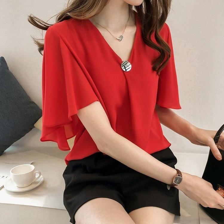 Summer Women's Large Half Sleeve Chiffon Shirt Short Sleeve Loose Top