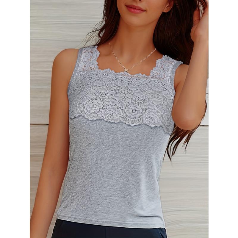 Women's Lace Trim Square Neck Cami Casual Slim Fit Sleeveless Tank Top, Elegant Layering Basic Top