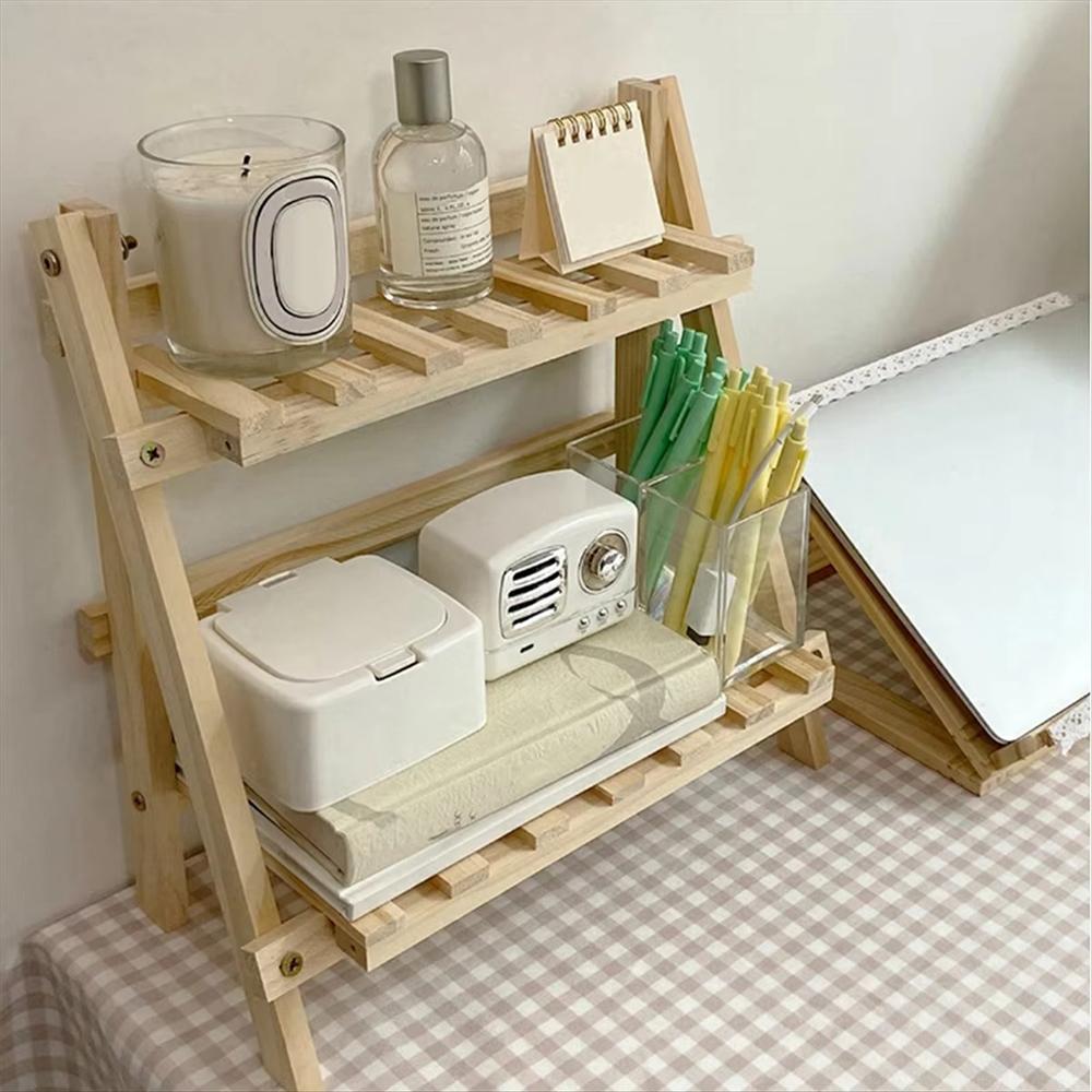 1 Household Log Double Shelf, Multi-purpose Living Room, Bedroom Table Items Storage and Arrangement Shelf, Original Wood Color