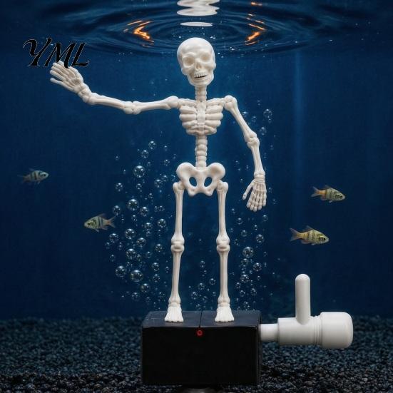Spooky Halloween Decor Aquarium Dancing Skeleton, Bubble Driven Moving Joints Skeleton Underwater Skull Ornament, Realistic Swing