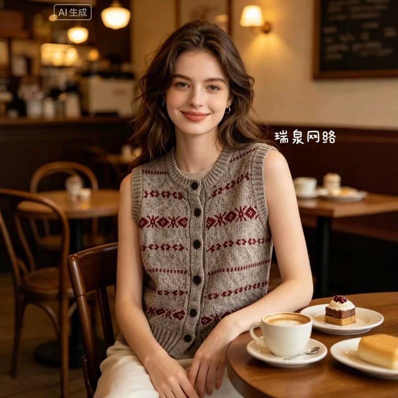 Womens 2026 Fall Vintage Knit Vest Sleeveless Cardigan Geometric Loose Fit