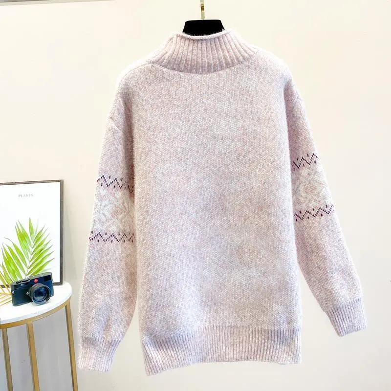 Sweater for Women Autumn Winter Thickened Pullover Warm Knitted Striped High Collar Stretchy Long Sleeve Oversize Jumper Tops