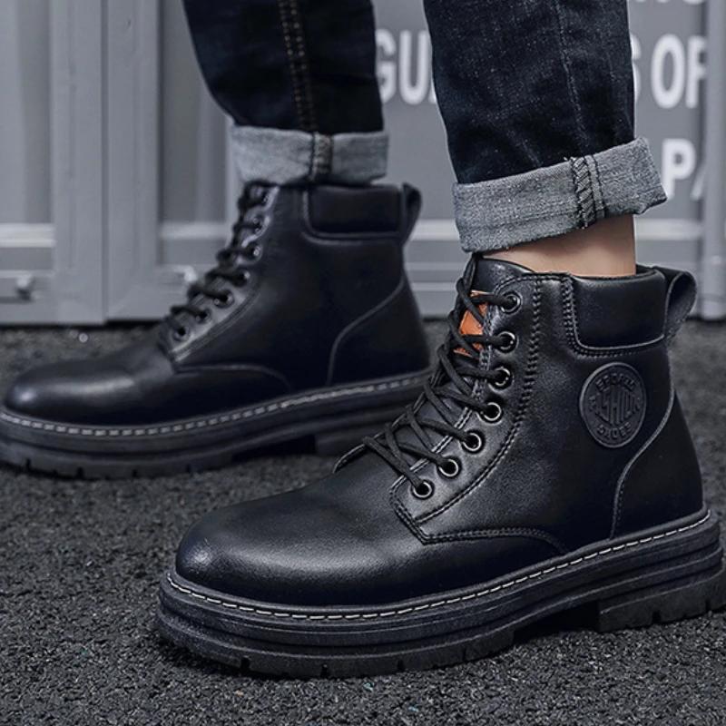 High Top Mens Boots Fashion Leatherwear Lace Up Non-Slip Men BootsComfortable Korean Version Man Workwear Boots Botas Hombre