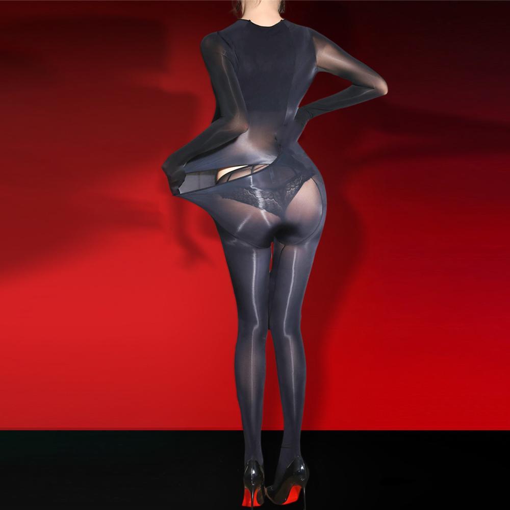 Sexy Women Cosplay Maid Tights Oil Glossy Shiny Bodysuit 5D Thin Silky Jumpsuit Back Put On Shaping Leotard Candy Color