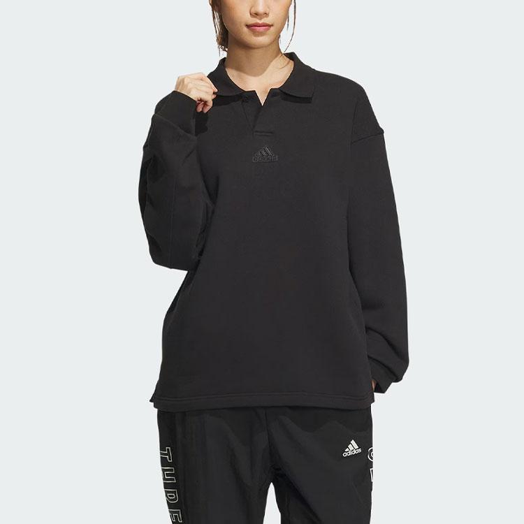 Adidas Heavy French Terry Polo Shirt Solid Logo Loose Long Sleeve Polo Unisex Polo Shirts Black IT3972