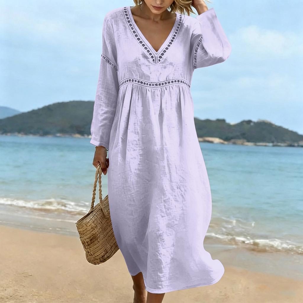 Fashionable Lady's V-neck Mid-length Casual Long-sleeved Dress