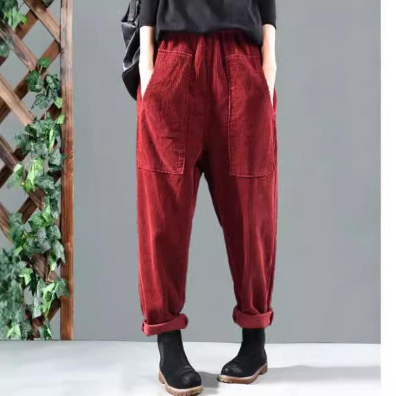 Retro Artistic Style Personality Pocket Corduroy Versatile Casual Harem Trousers for Women