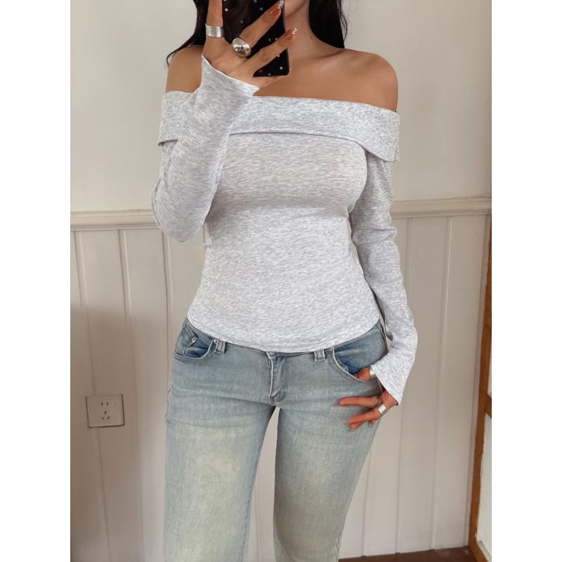 Nové podzimní světle šedé slim tričko s dlouhým rukávem přes jedno rameno pro ženy