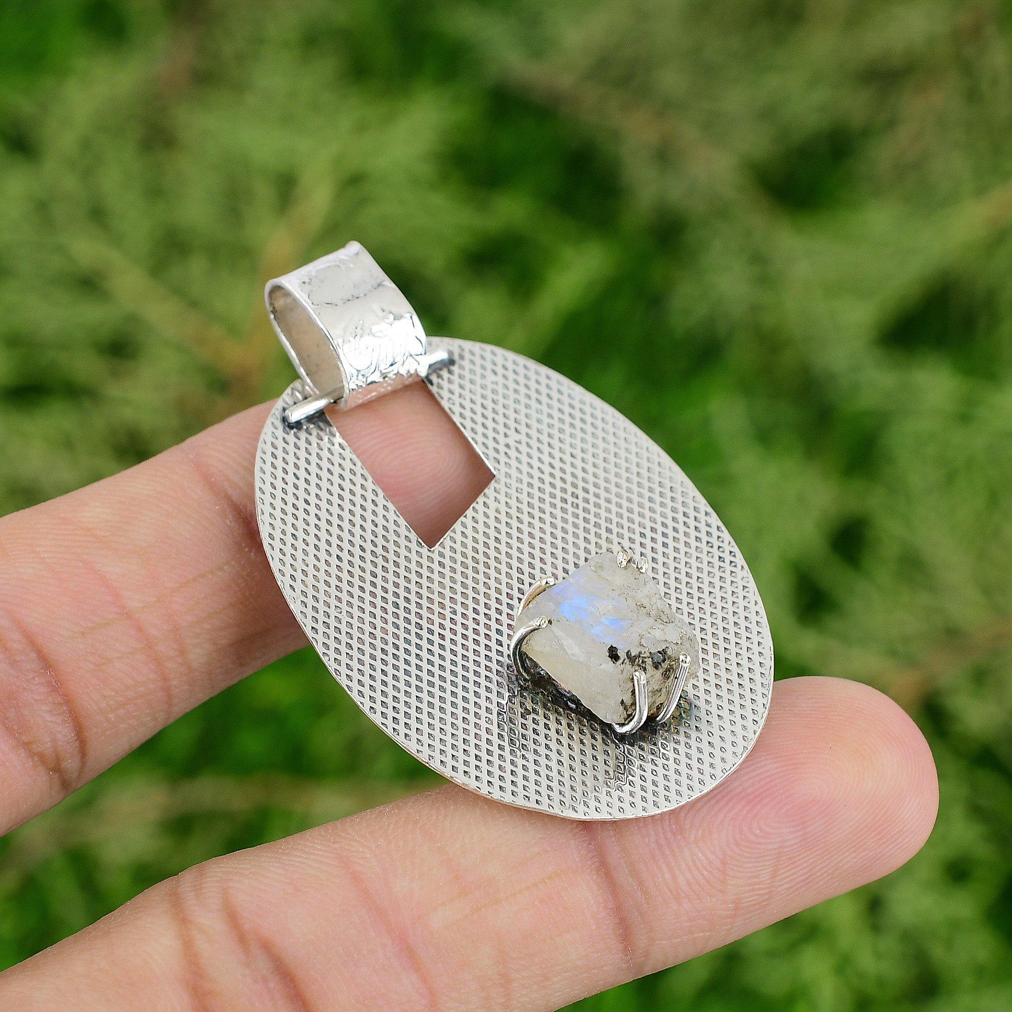 

Daughters Day Sale Sterling Silver Rainbow Moonstone Rough Gemstone Boho Pendant