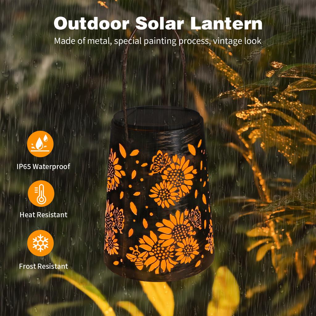 High Quality Outdoor Solar Lantern Light IP65 Waterproof Modern Hollow Heart Flower Iron Black & Gold for Patio Yard Garden