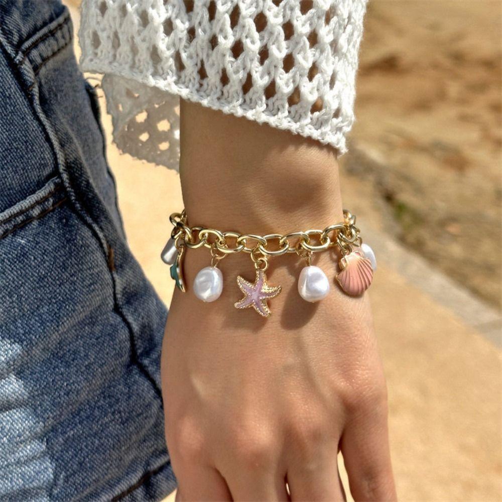 Boho Metal Gold Bracelet Pearl Bohemian Beach Jewelry Vintage Shell Starfish Bracelet  Women