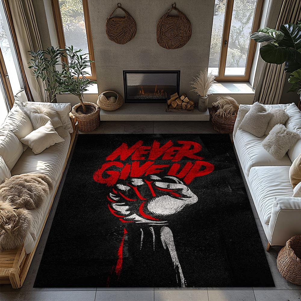 NEVER GIVE UP Motivational Rug, Red Fist Black Carpet for Living Room, Soft Non-Slip Sofa Mat with Inspirational Decor